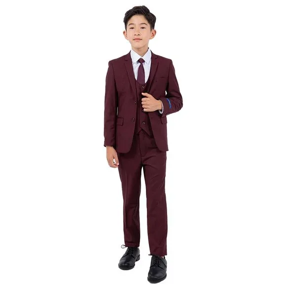 5-Piece Perry Ellis Portfolio Boys Slim Fit Solid Suit, Burgundy - Picture 2 of 6